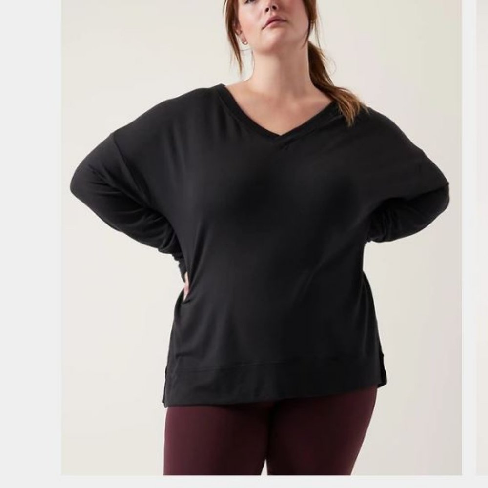 ATHLETA Plus Coaster Luxe V-Neck Black Top Tunic Sweatshirt 2X